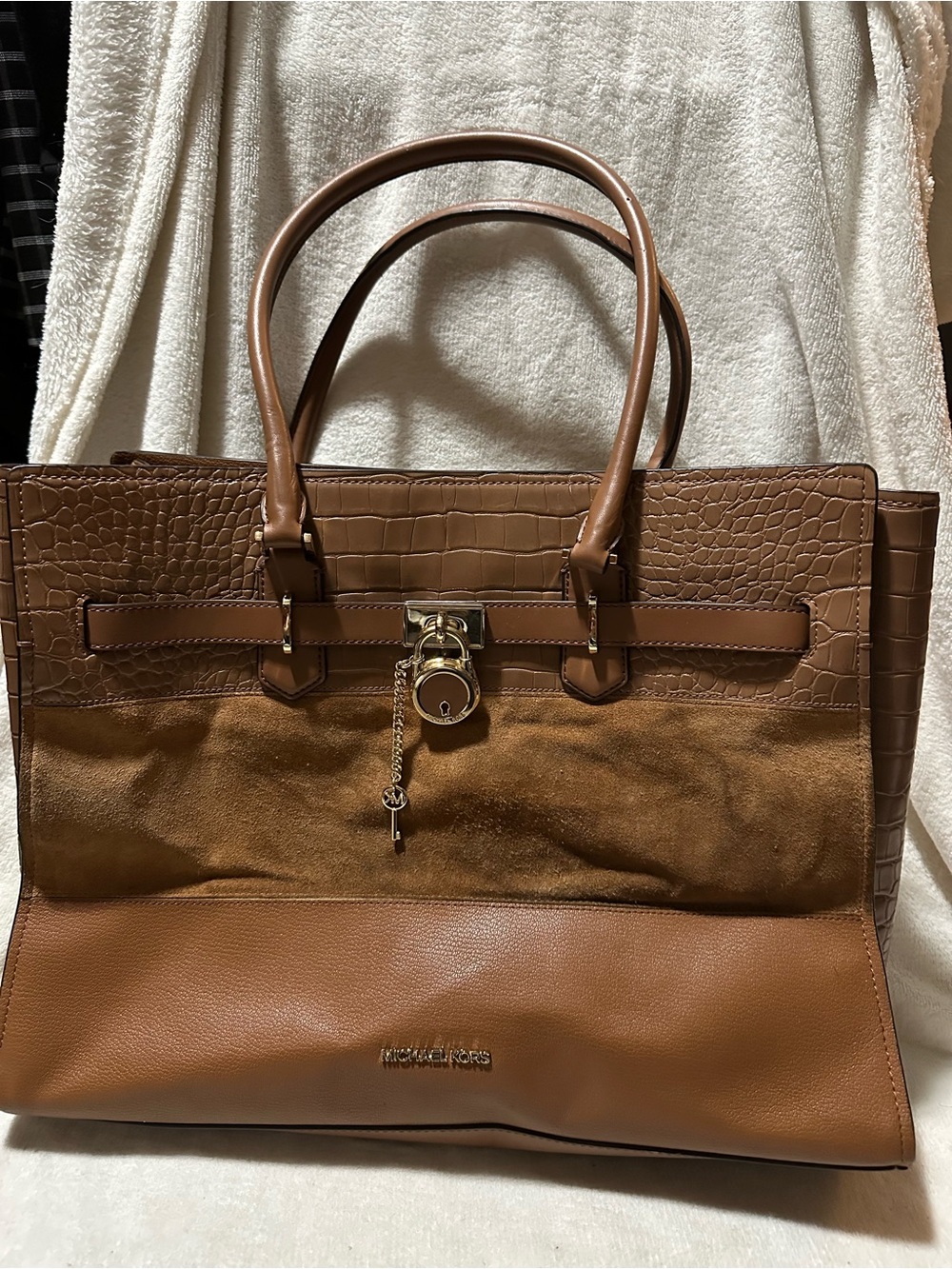 Michael Kors Cognac Brown Leather & Suede Tote with Croc-Emboss